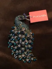 Pink Linen Brand Peacock Brooch With Blue Crystals And Silver Rhinestones