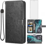 [Asuwish] Compatible with Nokia C22 Wallet Case Tempered Glass Screen Protector and Leather Flip Cover Card Holder Stand Cell Accessories Phone Cases for NokiaC22 C 22 NokiaC22case Women Men Black