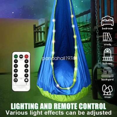 Hanging Hammock Pod Swing with LED Lights for Kids Bedroom Indoor Outdoor Blue