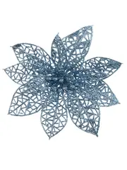 Blue Glitter Netted Vein Leaf Poinsettia Decorative Christmas Flower Pick - 14cm
