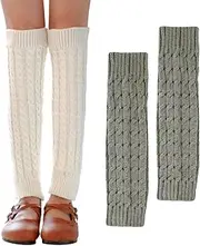 [UILYNIU] 2 Pairs Ankle Leg Warmer, Knitted Leg Warmers, Leg Warmers for Women, Stylish Warm Long Boot Socks, Knee High Leg Warmers for 80s Party Yoga Ballet Dance Ice Skating Accessories (White, Grey)