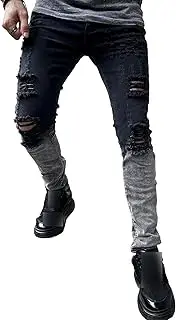 [Generic] Men's Ripped Skinny Design Color Block Pants Comfort Lightweight Distressed Straight Pant Regular Slim Fit Stretch Jeans, Black, 38