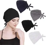 [wlertcop] Pack of 4 Women's Undercap Hijab Underscarf Hijab, Islamic Muslim Underscarf Hijab Cap with Tie Back Closure Solid Colour Under Scarf Hijab Hat Turban Headpiece, Black, white, grey, blue, 24 * 20 * 8