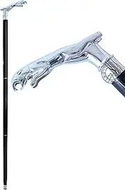 Azwa Nautical Brass JAGUAR Handle Silver Finish Black Wooden Walking Stick Cane, Black,Silver, 37