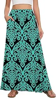 [Leafsay] Womens Maxi A-line Long Summer Skirt Elastic High Waist Flowy Skirt with Pockets