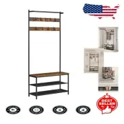 Space-Saving Entryway Bench with Coat Rack, 9 Hooks & Shoe Storage Solution