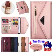 For Samsung S25 S24 S23 FE S22 S21 S20 Zip Leather Case Flip Wallet Cover Strap