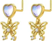 [Niaspi] 20G Purple Heart Butterfly Dangle Nose Studs Rings 316L Surgical Steel L-Shaped Nose Rings Studs Screws for Women Dainty Nostril Nose Piercing Jewelry, Large, Stainless Steel, no gemstone