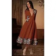 A-Line Floral Beaded Lace Cocktail Dresses Elegant Dress Formal Wedding Tea Length Midi Length Half Sleeve Plunge Neck Satin with Embroidery 2025