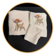 EMBROIDERED BATH TOWEL/ BATH SHEET/ HAND TOWEL SET - ' BAMBI WITH BUTTERFLY '