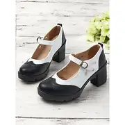 Women's Vintage Black and White Mary Jane Chunky Heel Shoes - Retro Brogue Style for Office and Casual Wear