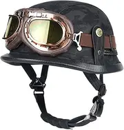 Adults Jet Style Helmet Retro Half Shell Leather Motorcycle Helmet Personality German Style Open Face Helmet + Goggles Men & Women DOT Approved Street Cruiser Scooter Moped