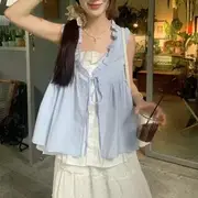 Sleeveless Mock Two Piece Ruffle Tie Front Top Top - Blue - M