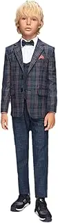[Gum & Berries] Boys Suits, Boys Blue Suit 6 Piece Wedding Party Formal Outfit Prom Suits, Plaid Velvet Tuxedo Glitter Paisley Page Boy 1-16 Years