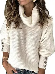 [Wenrine] Women's Turtleneck Pullover Winter Long Sleeve Loose Knitted Jumper Casual Warm Knitted with Metal Buttons