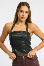 Black Pu Top Halter Neck Belt Detail Faux Leather - Size 16XL, Women's Top