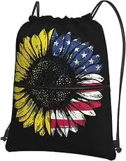 EdWal Sunflower American Flag Print Drawstring Backpack Gym Bags Sports Bags With Zipper Pocket For Travel Beach, Black, One Size
