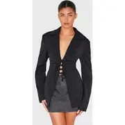 Black Lace Up Tie Front Blazer, Black