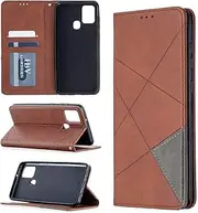 SATURCASE Case for Samsung Galaxy A21S, Rhombus PU Leather Flip Built-in Magnet Wallet Stand Card Slots Protective Cover for Samsung Galaxy A21S (Brown)