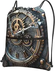 EdWal Clock Gear Print Drawstring Backpack Gym Bags Sports Bags With Zipper Pocket For Travel Swimming Beach, Black, One Size
