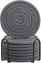 ABenkle 8 Pcs Drink Coasters with Holder, Cotton Woven Absorbent Coasters for Drinks, Minimalist Home Decor Coaster Set for Wooden Tabletop Protection Table, 4.3 inches Grey