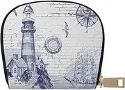 [JEJEA] Sail Boat Nautical Compass Print Credit Card Holder Wallet, Small Card Holder Wallet with Zipper,Leather Card Holder, White, One Size