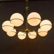 Italian brass handmade chandelier with 8 large, opaline globes