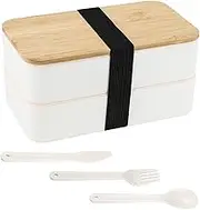 2-Layer Stackable Bento Lunch Box with Bamboo Cover 1200ML, All-in-1 Leak-Proof Lunch Bento Box with Knife Fork Spoon with Movable Partition + 1 Sauce Container, Microwave & Dishwasher-Safe (White)
