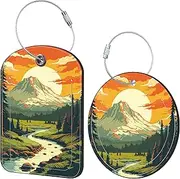 iapodiad 2 Pack Idea Luggage Tag for Suitcases Vintage Mountain Travel Leather Luggage Tags with Name Address Privacy Flap and Steel Loop Airport Cruise Baggage Tags (Square and Round)