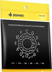 Donner Acoustic Guitar Strings, Light Acoustic Guitar Strings Phosphor Bronze Coated 1 Set of 6 Hex Steel String 11-50 DAS-20L