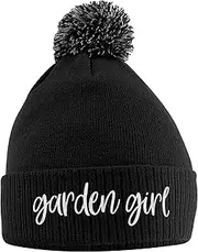 [Purple Print House] Gardening Girl Bobble Hat, Gardening Accessories Birthday Gifts for Gardener Lady Warm Winter Knitted Beanie Hat with Faux Fur Pom Pom for Womens Girls