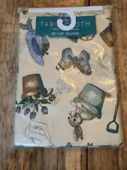 Home Trends Vinyl Flannel Back Tablecloth 52x52 Square new Garden Blue and Tan