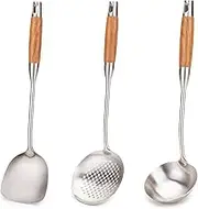 FJNATINH Wok Utensils for Carbon Steel, Stainless Steel Wok Spatula and Ladle, Skimmer Spoon Set Metal 304 Stainless Steel Kitchen Cooking Utensils Sets, 3-Pieces Wok Tools, Wooden Handle 14-15 Inch