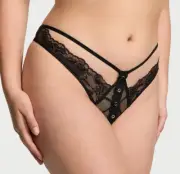 Victoria's Secret NWT Large Black Crotchless Thong Panty Rose & Lace Grommet