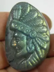 #0 Madagascar 130.50ct Natural Labradorite Indian Head Carving 26.10g 41.00mm