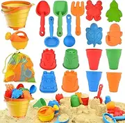 Sotodik Beach Toys, Sandbox Toys with Collapsible Sand Bucket, Shovel Set, Sand Castle Kit, Animal Molds Mesh Bag, Summer Water Poor Sea Outdoor Play Travel Toys for Kids Toddlers Boys Girls-19PCS