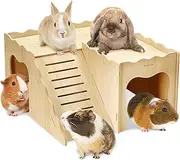BNOSDM Upgraded Wooden Guinea Pig Hideout with Stair & Loft 2 Tier Detachable Cavy Castle 2 Door Small Animal House Habitat Dwarf Rabbit Climbing Toy Accessories for Cage
