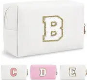 Personalized Initial A-Z Preppy Patch Makeup Bag,Waterproof PU Chenille Letter Travel Cosmetic Pouch with Zipper,Cute Toiletry Organizer Bag,Gift Ideal for Women Teacher Bridesmaid,Letter B