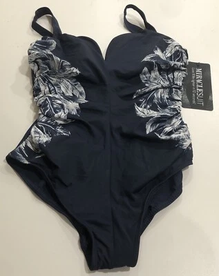 MiracleSuit Women's Blue Silver Shores Temptress One Piece Swimsuit Size 16