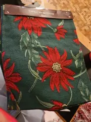 Christmas Tapestry Table Runner Poinsettias 13x 70" Green Red Made In China