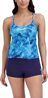 [Spyder] Women's Standard V Neck Tankini Tummy Control Quick Dry Removable Cup Adjustable Strap Boy Short Bottom Swimsuit Set