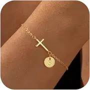 [Rotnso] Gold Bracelets for Women 14K Real Gold Plated Cross Initial Charm Bracelet Dainty Cute Trendy Custom Letter Bracelets Waterproof Non Tarnish Simple Fashion Jewelry Gifts for Teen Girls