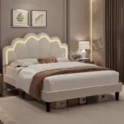 Wood Bedroom Queen Bed Frame with LED Headboard Metal Platform Mattress Base