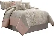 Chezmoi Collection Linnea 7-Piece Luxury Blush Taupe Cherry Blossom Floral Embroidery Comforter Set, Queen