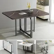 Modern Folding Dining Table, Extendable Drop Leaf Folding Dining Table, Multifunction Expandable Table with Adjustable Foot Pads, Carbon Steel Frame Structure, Easily Bear 250Kg, for Kitchen, Bedroom