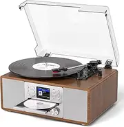 8-in-1 Retro Bluetooth Record Player with Built-in Stereo Speakers | Wireless 3-Speed Turntable for Vinyl, CD, MP3, USB/SD, Internet Radio | Headphone Jack & MP3 Recording | Vintage Multimedia Center