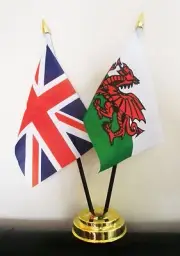 UNION JACK AND WALES TABLE FLAG SET 2 flags plus GOLDEN BASE WELSH