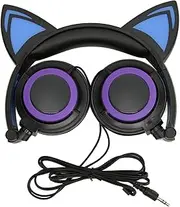Cat Ear Wired Headphone Noise Reduction Cute Kids Cartoon Headset with LED Light for Tablets Computers Cell Phones
