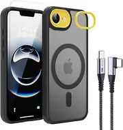 Magnetic for iPhone16e Case with 1 Screen Protector, wtih 1 USB C to USB C Cable [Mil-Grade Drop Protection] Shockproof Slim Translucent Matte Protective Phone Case, Black (B-Black, iPhone 16e)