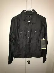 New Tahari Tencel Pintuck snap button long sleeve black shirt Jacket Medium